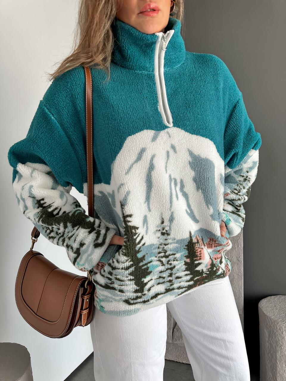Turkuaz Desenli Polar Sweatshirt