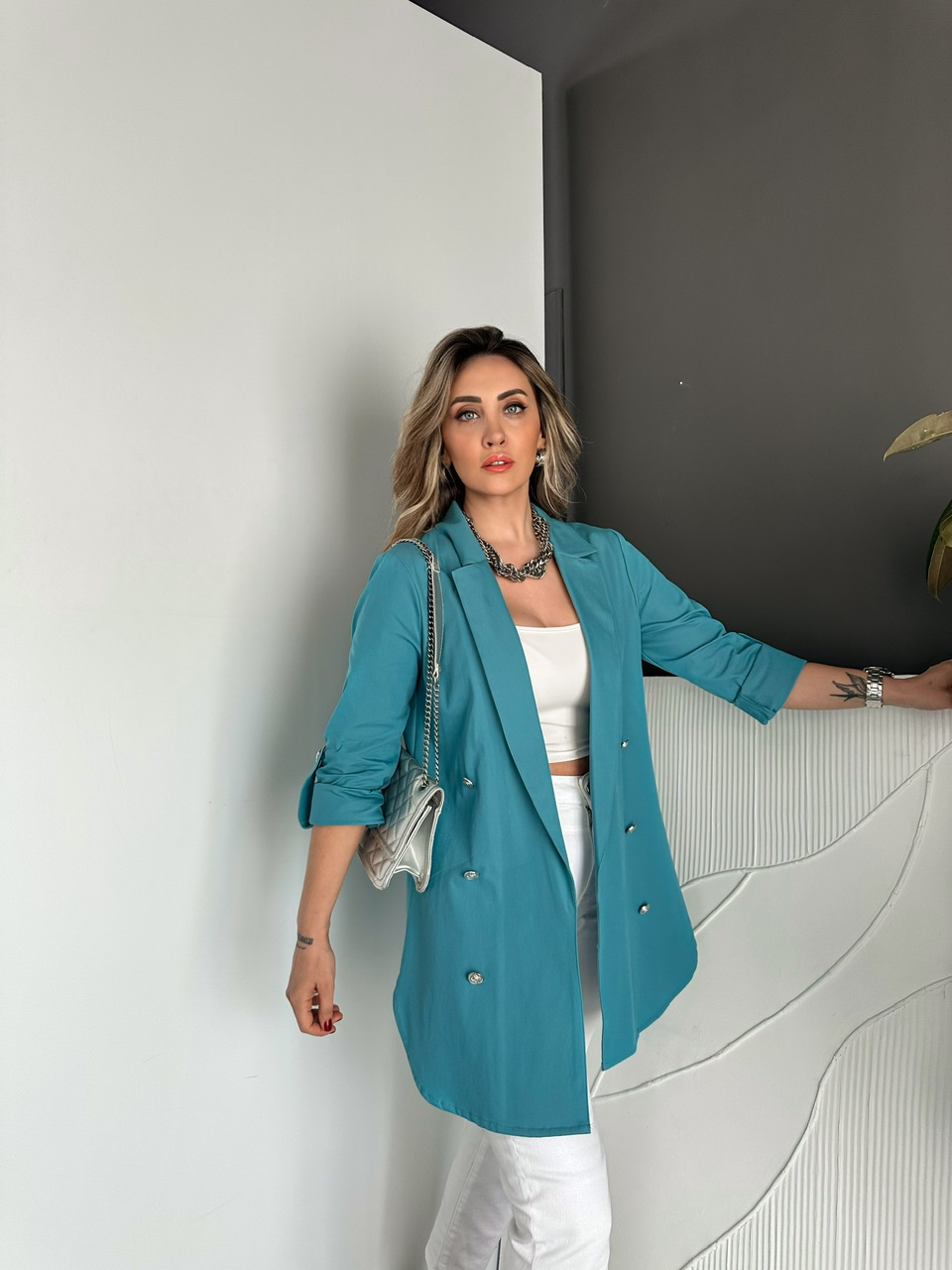 Turkuaz Manşetli Cotton Blazer Ceket