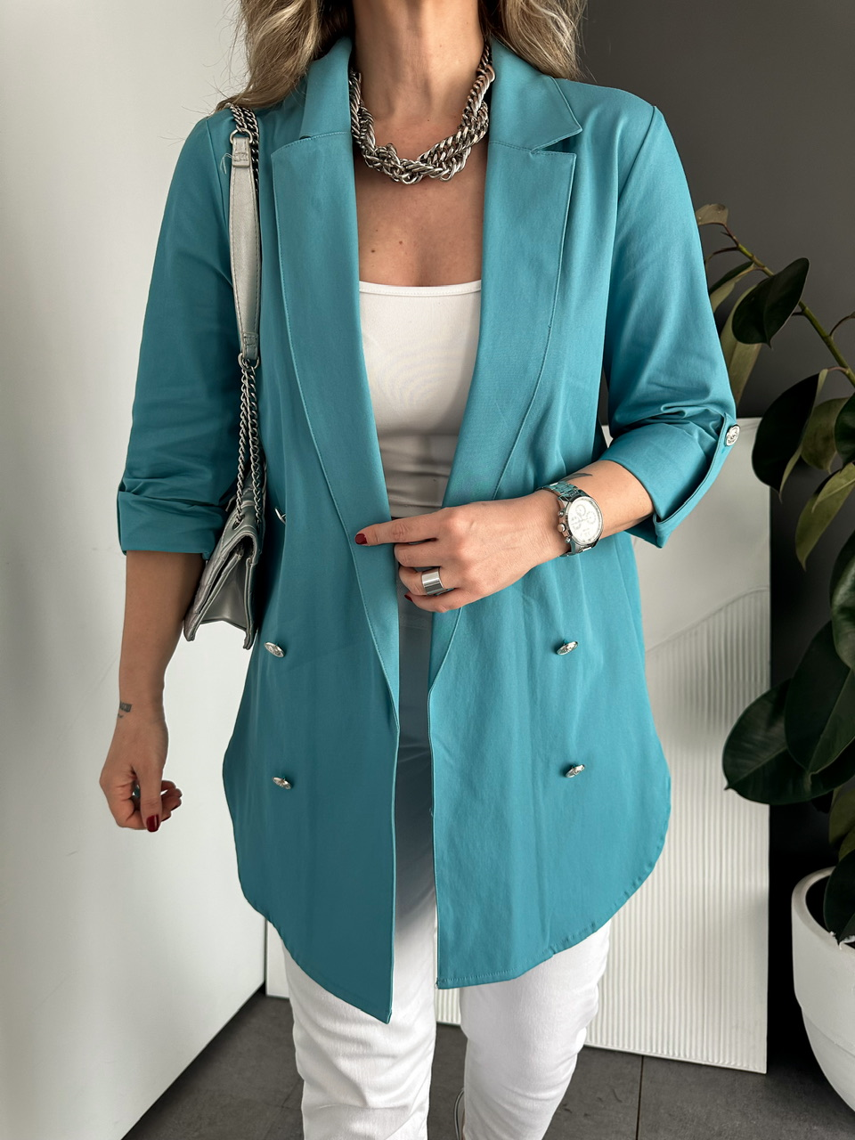 Turkuaz Manşetli Cotton Blazer Ceket