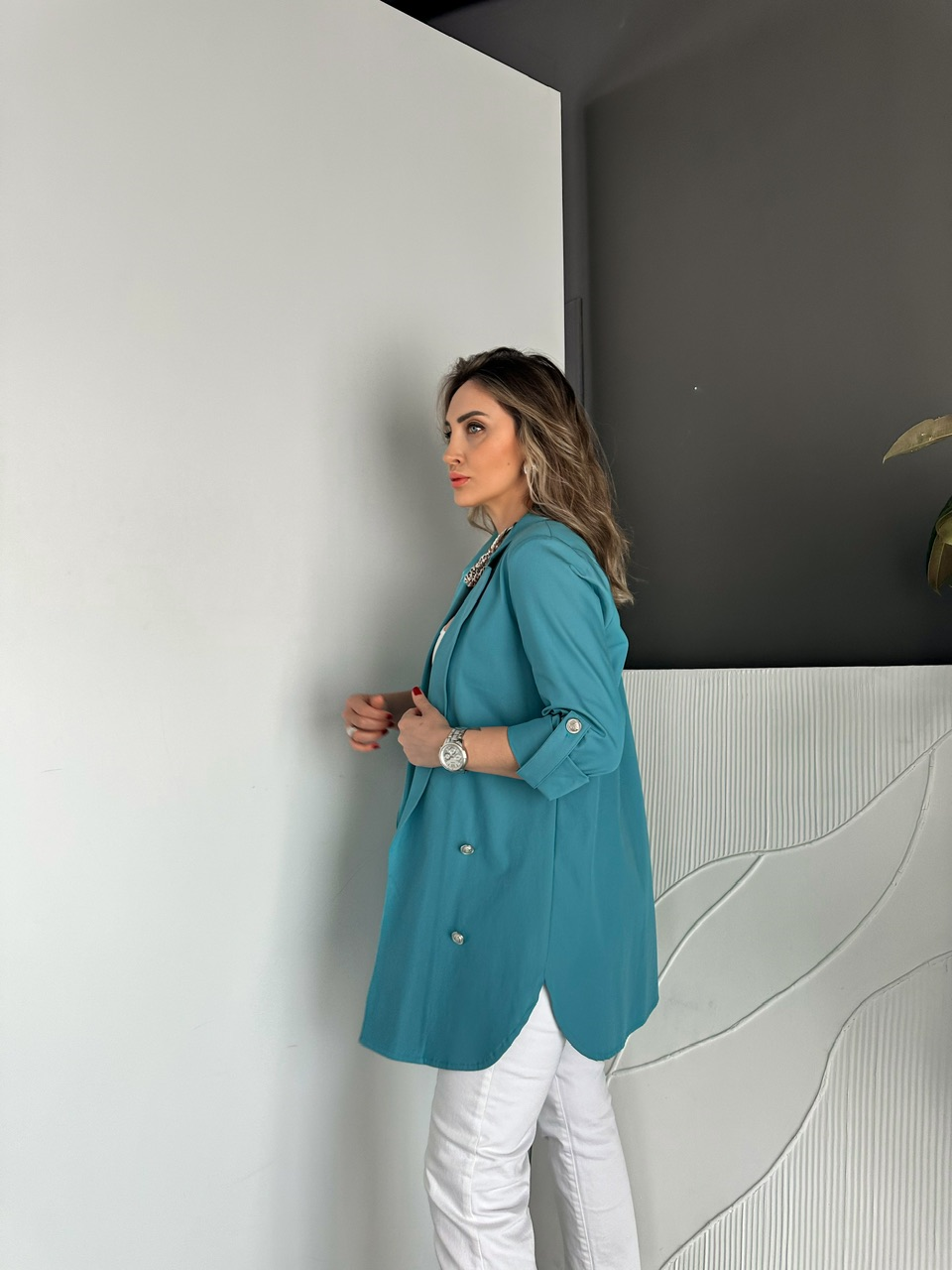 Turkuaz Manşetli Cotton Blazer Ceket