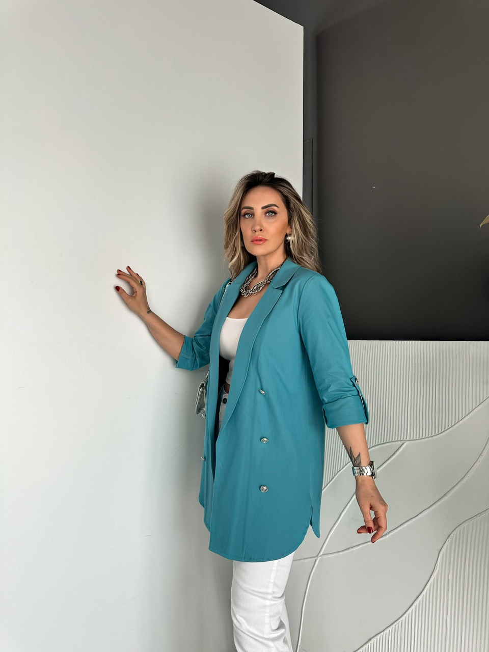 Turkuaz Manşetli Cotton Blazer Ceket