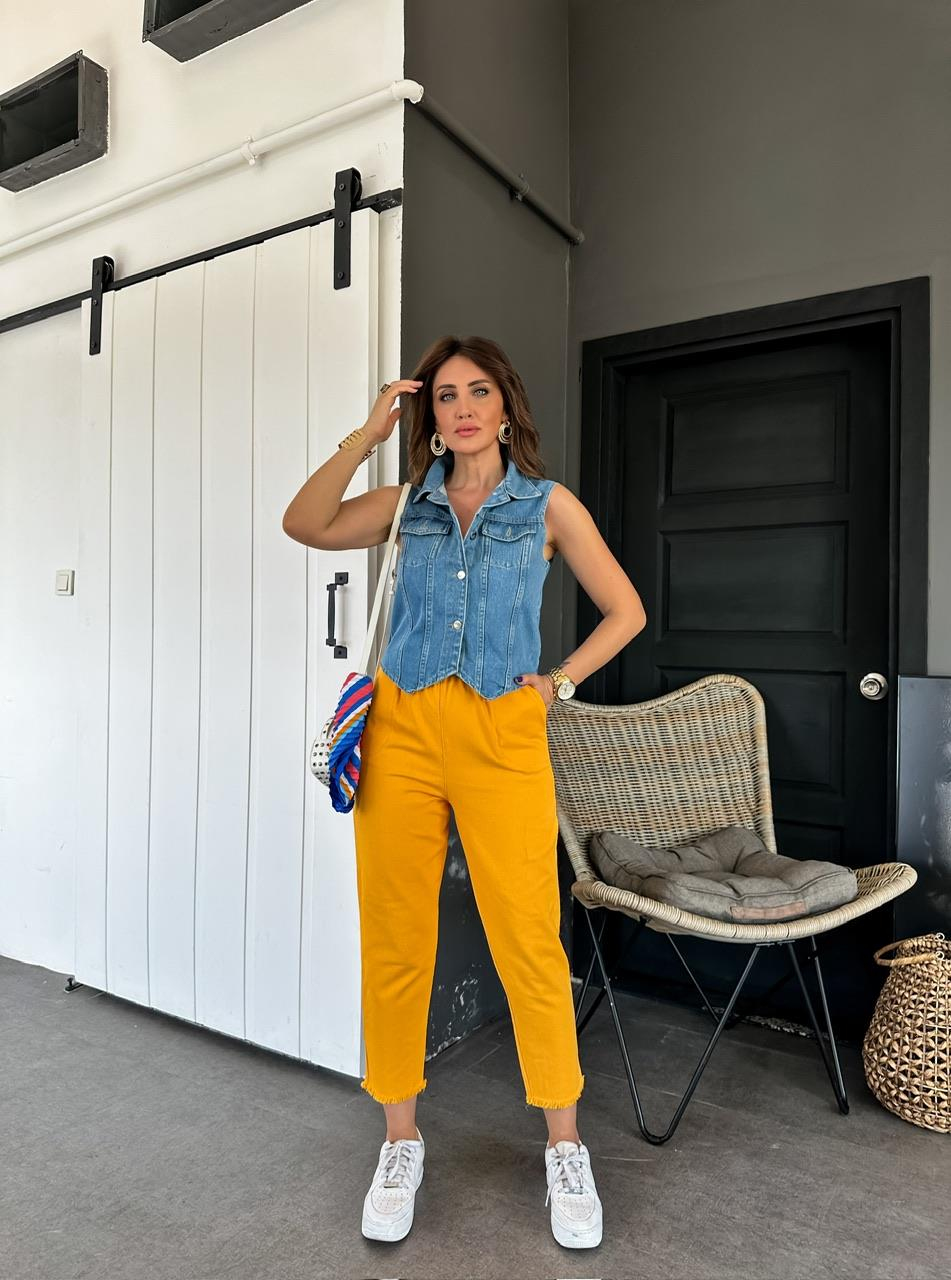 Turuncu Gabardin Beli Lastikli Pantolon 