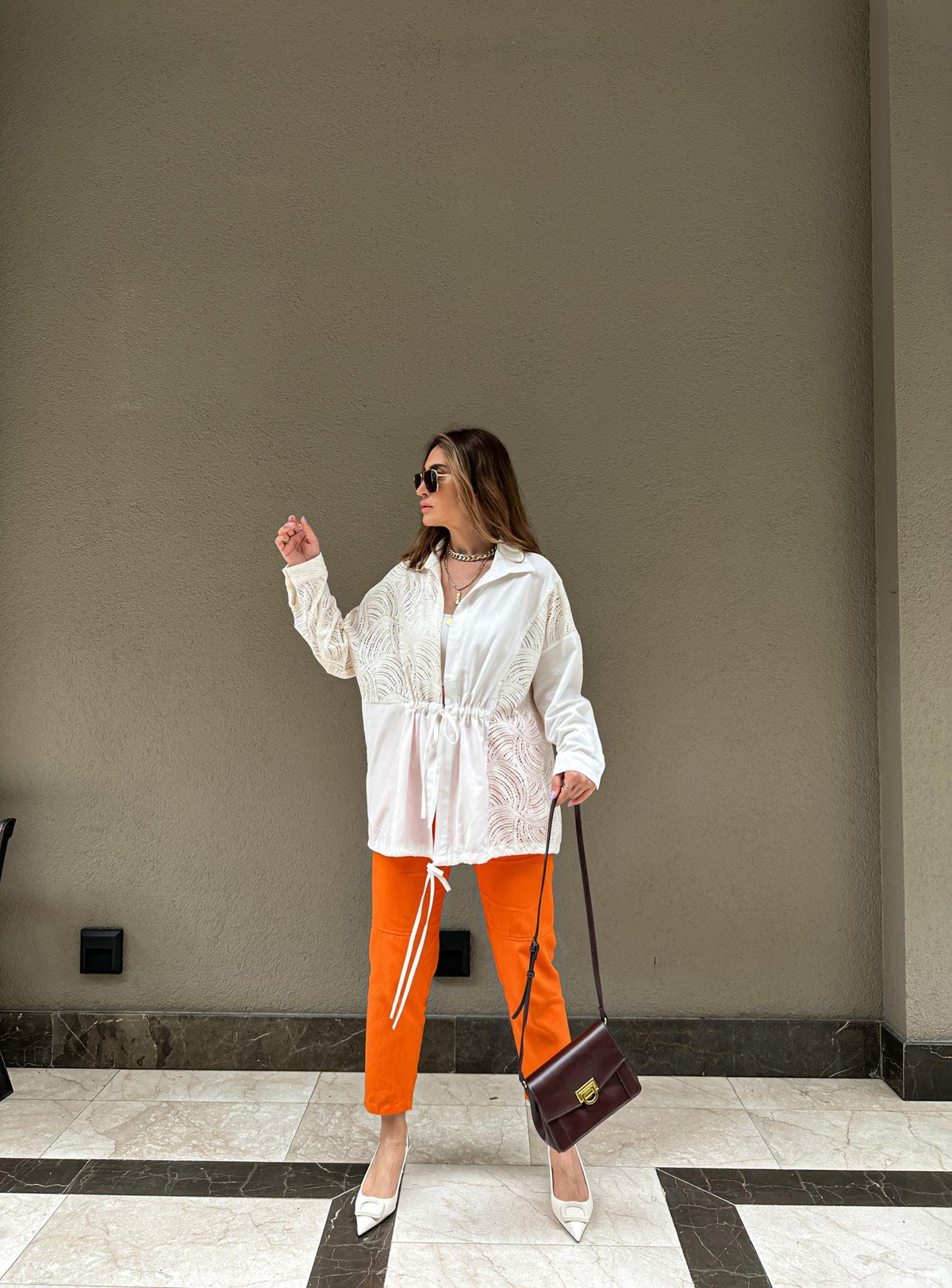 Turuncu Gabardin Çımalı Pantolon