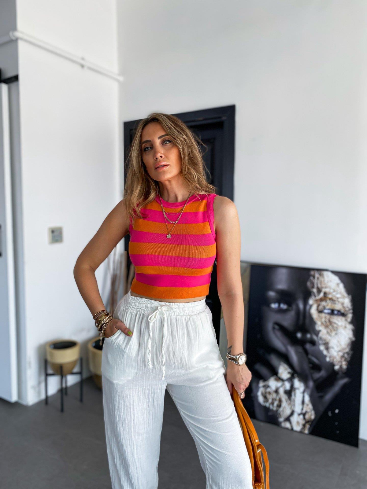 Turuncu Pembe Çizgili Triko Crop