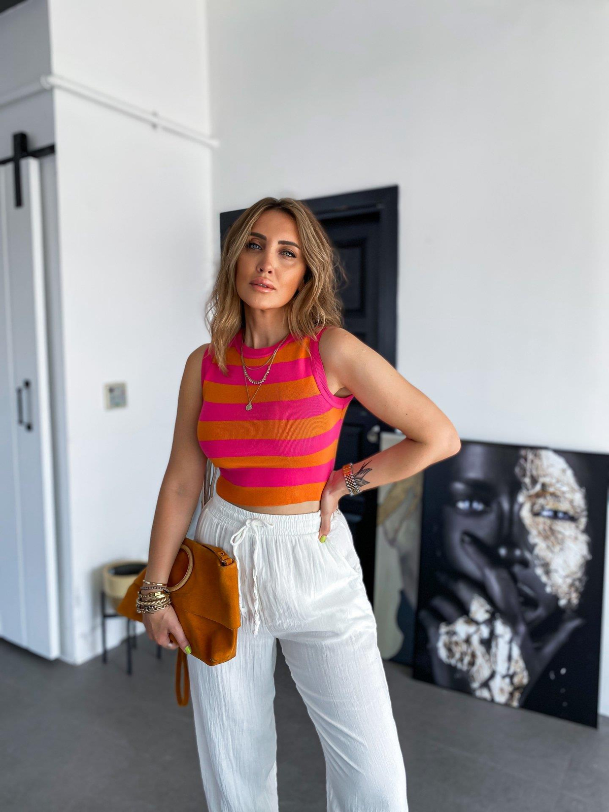 Turuncu Pembe Çizgili Triko Crop