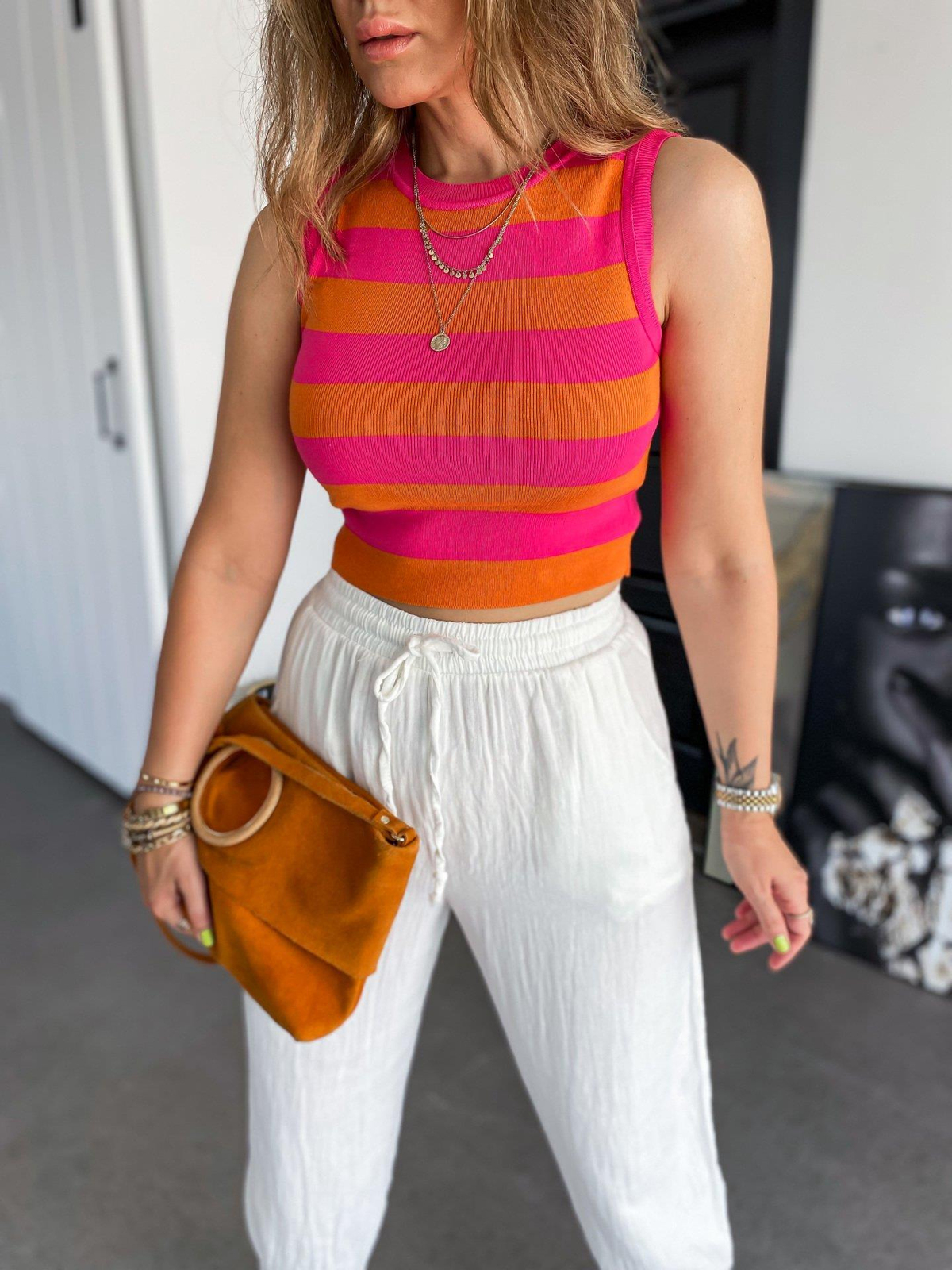 Turuncu Pembe Çizgili Triko Crop