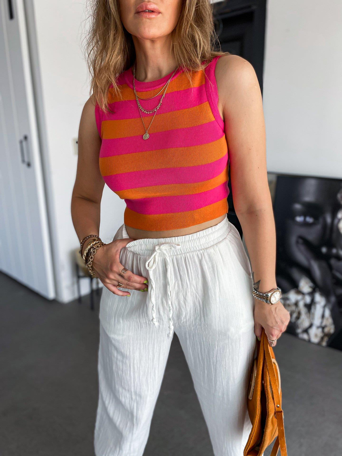 Turuncu Pembe Çizgili Triko Crop