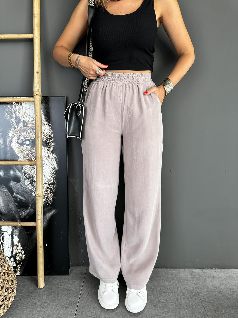Vizon Beli Lastikli Cotton Bol Pantolon