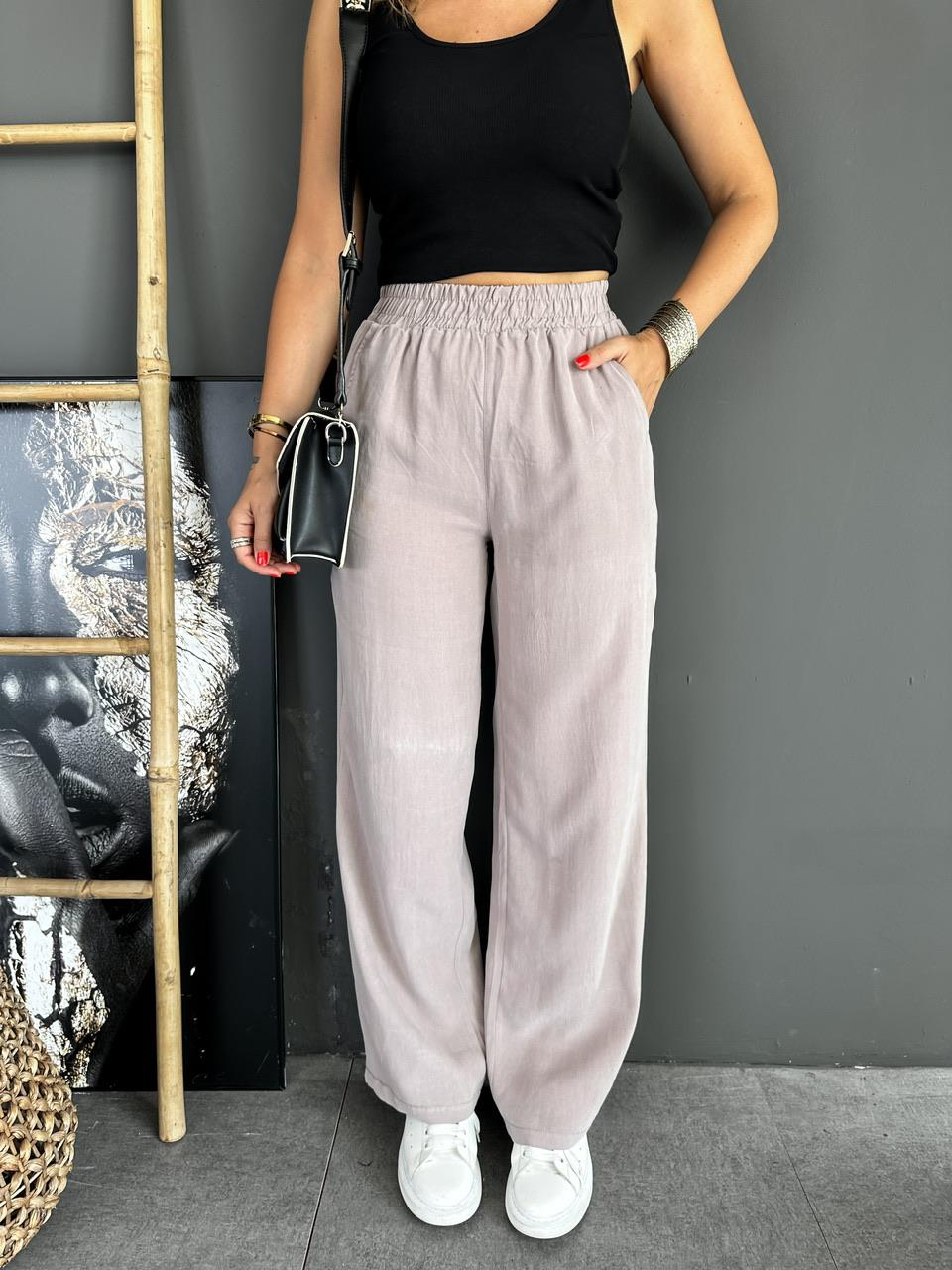 Vizon Beli Lastikli Cotton Bol Pantolon