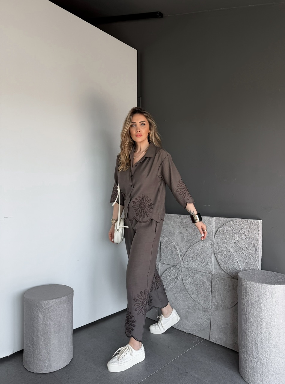 Vizon Eteği Nakışlı Premium Keten Takım