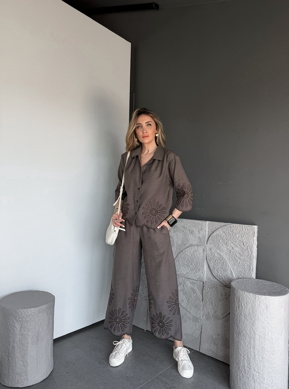Vizon Eteği Nakışlı Premium Keten Takım