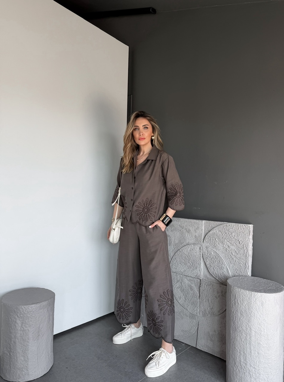 Vizon Eteği Nakışlı Premium Keten Takım