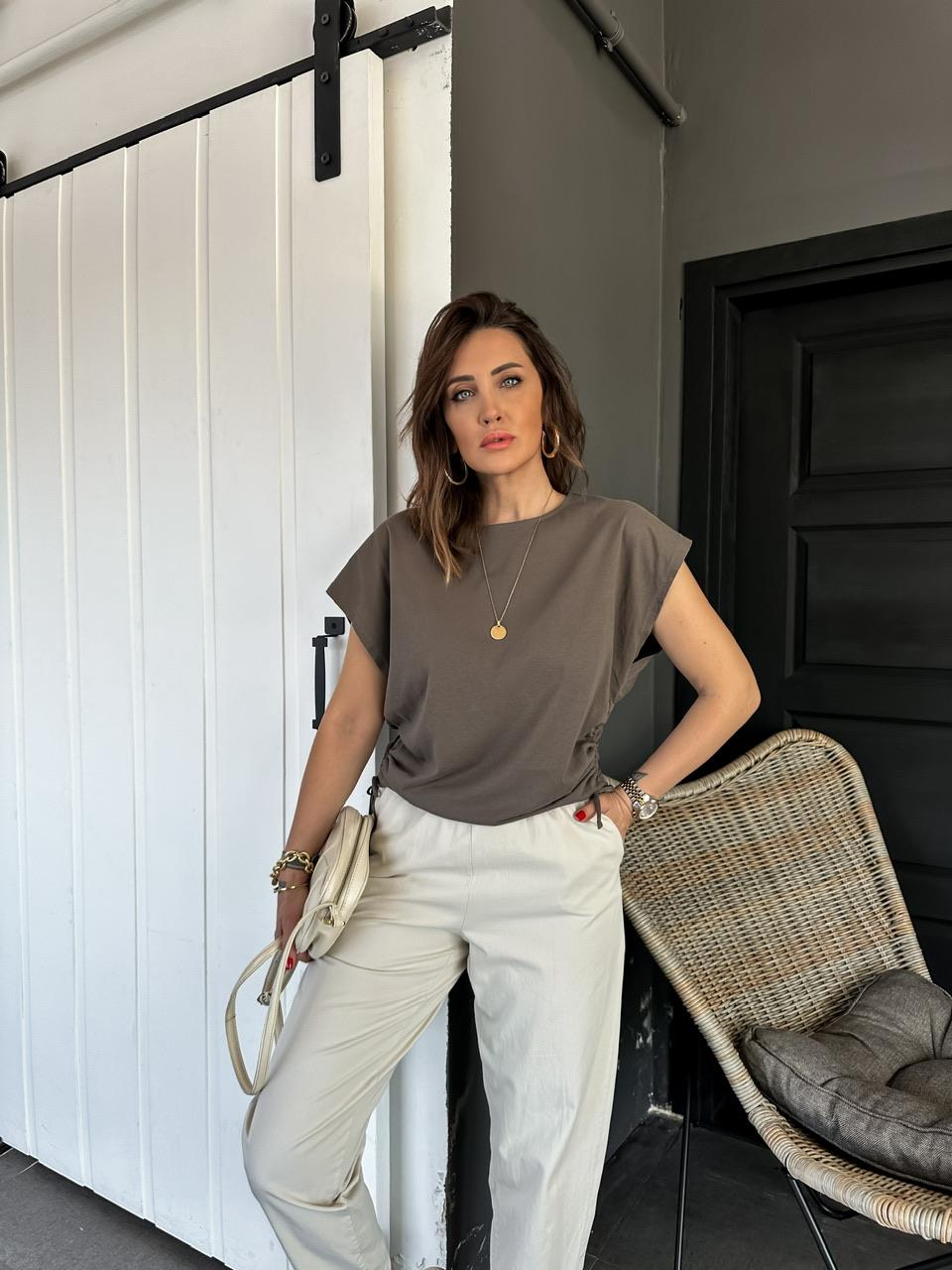 Vizon Kenarları Büzgülü Cotton Tshirt