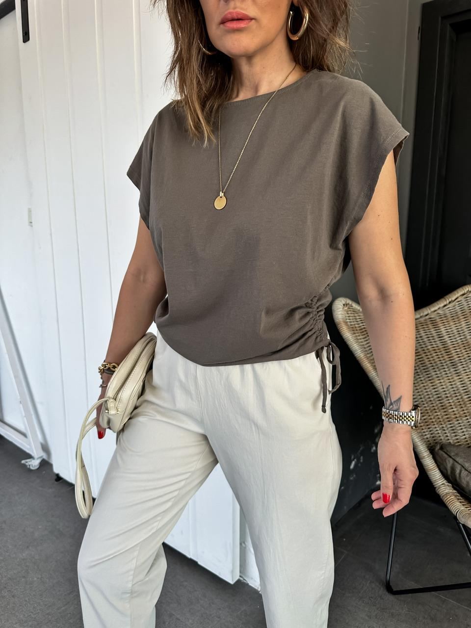 Vizon Kenarları Büzgülü Cotton Tshirt