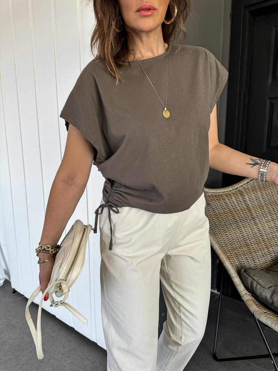 Vizon Kenarları Büzgülü Cotton Tshirt