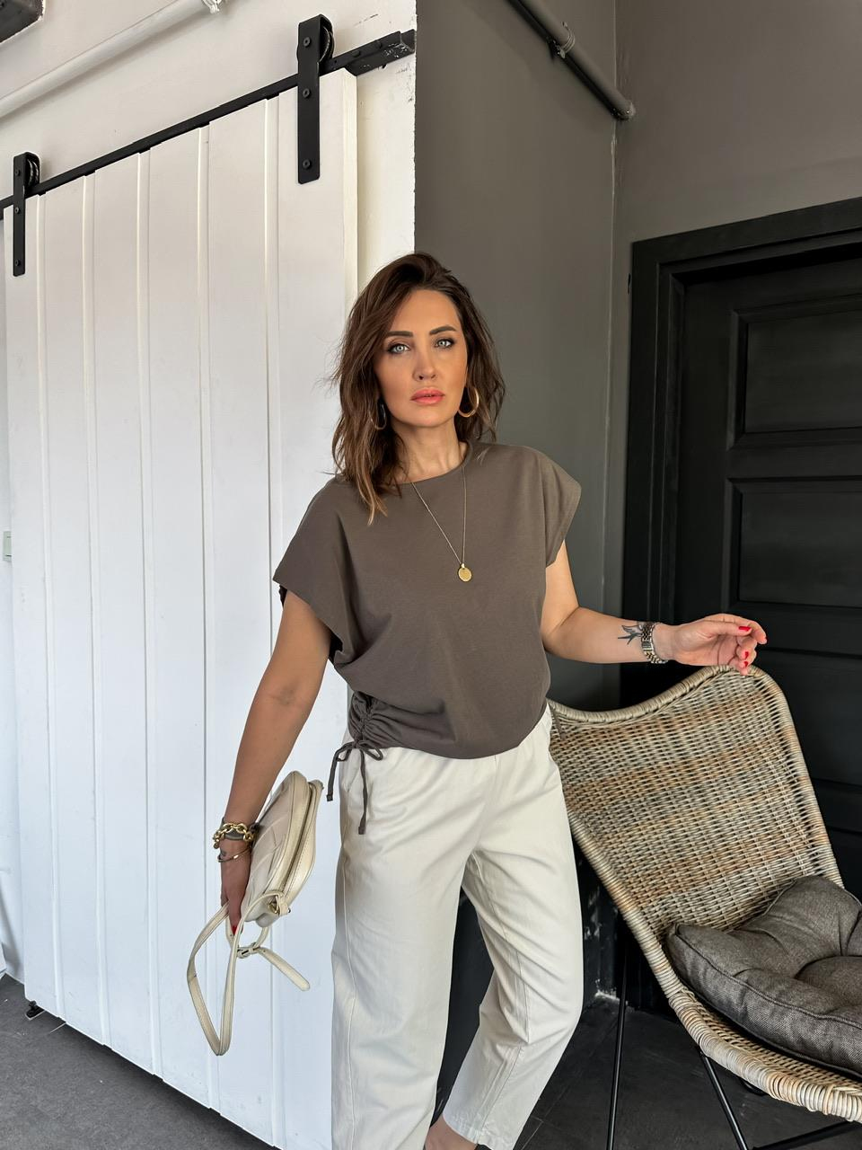 Vizon Kenarları Büzgülü Cotton Tshirt