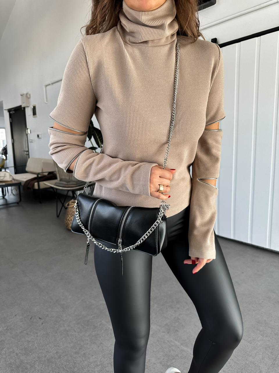 Vizon Kolları Fermuarlı Kaşkorse Sweatshirt