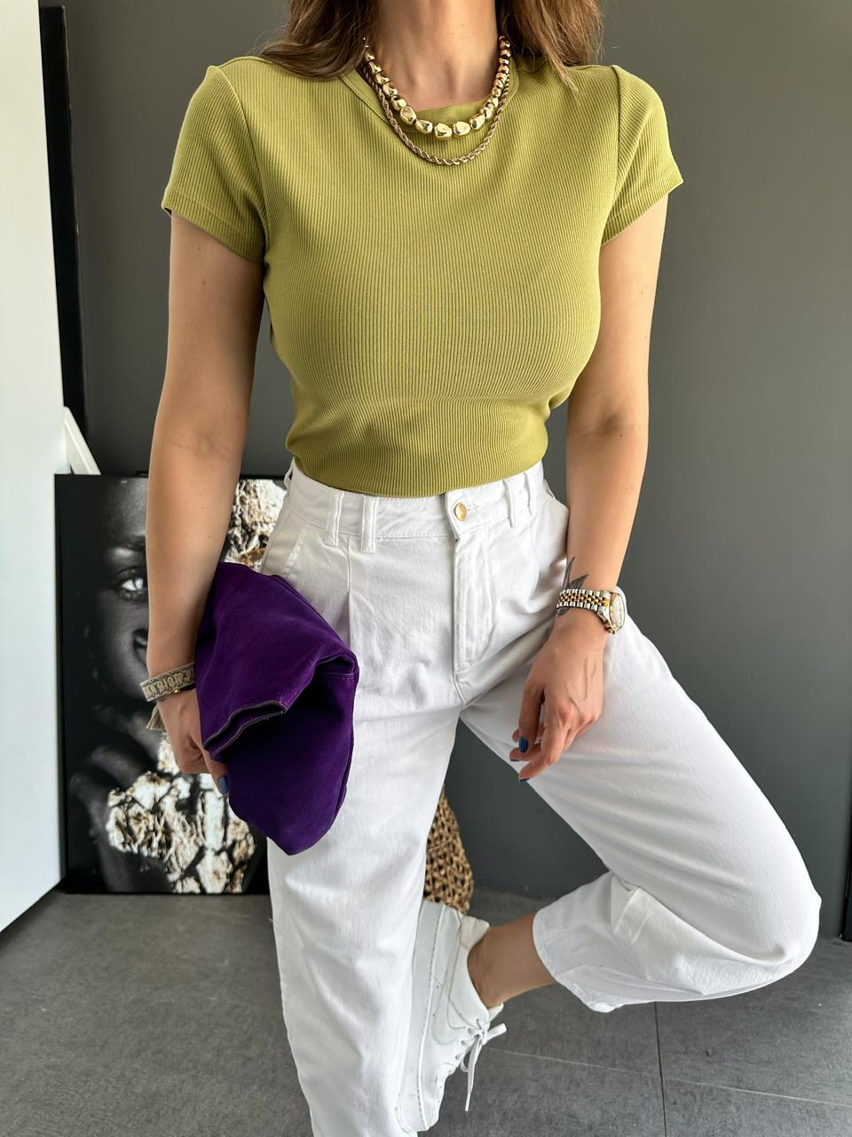 Yağ Yeşili Bisiklet Yaka Cotton Tshirt