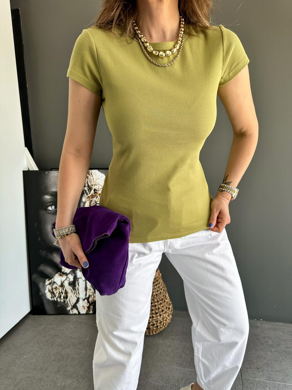 Yağ Yeşili Bisiklet Yaka Cotton Tshirt