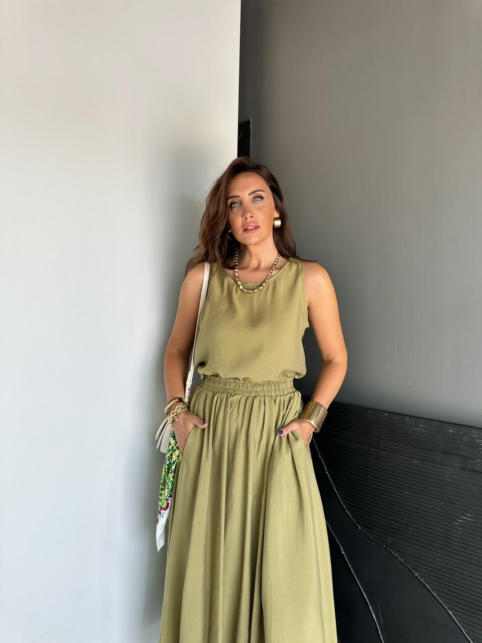 Yağ Yeşili Bluz Etek Soft Takım