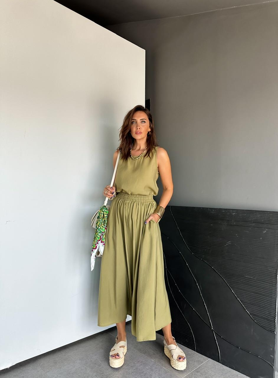 Yağ Yeşili Bluz Etek Soft Takım