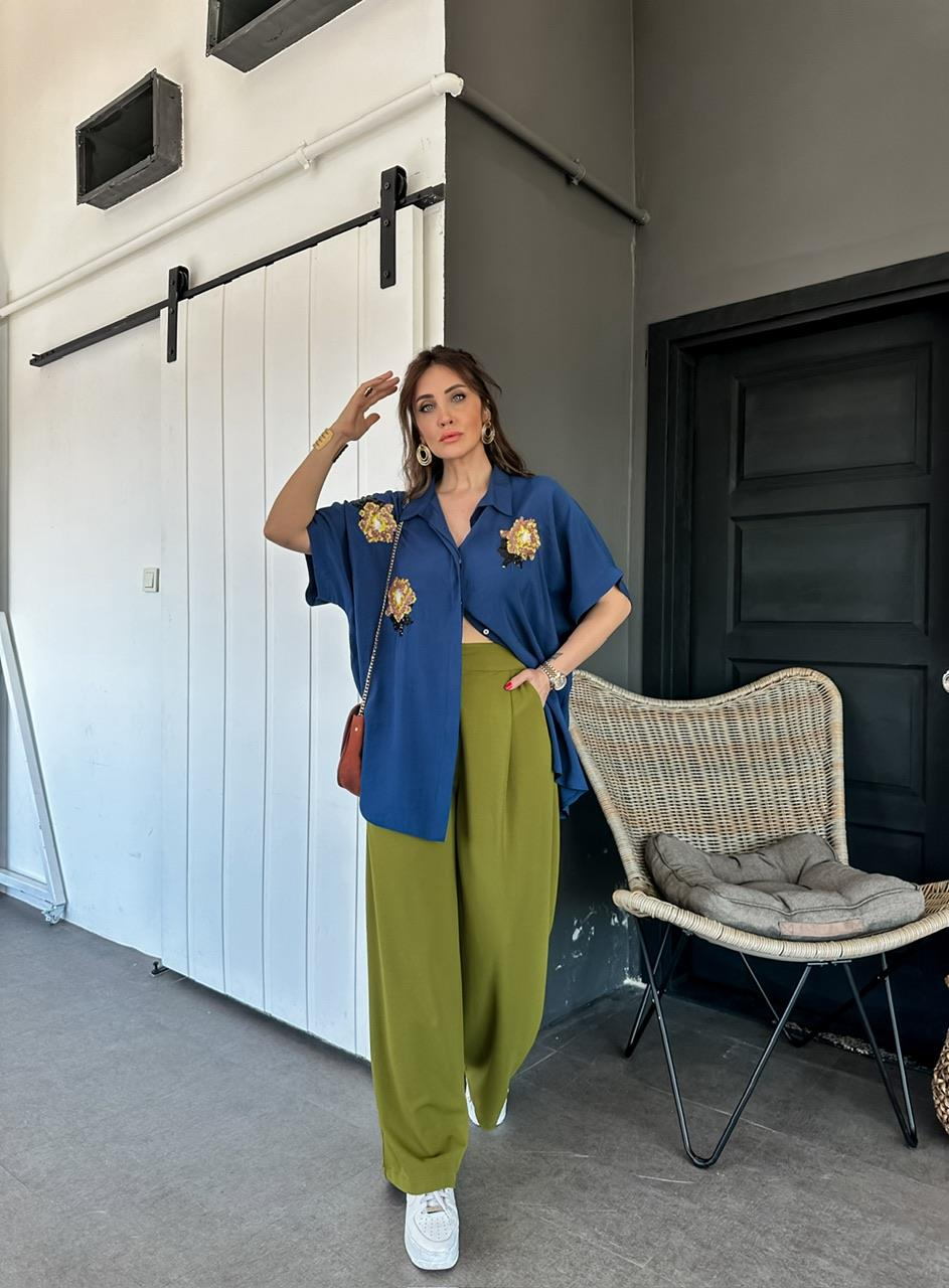 Yağ Yeşili Bol Kesim Basic Pantolon