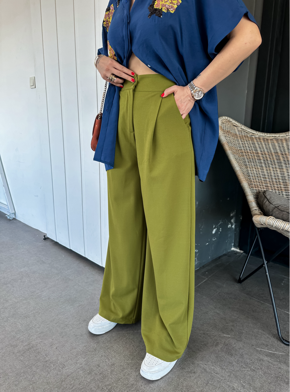 Yağ Yeşili Bol Kesim Basic Pantolon