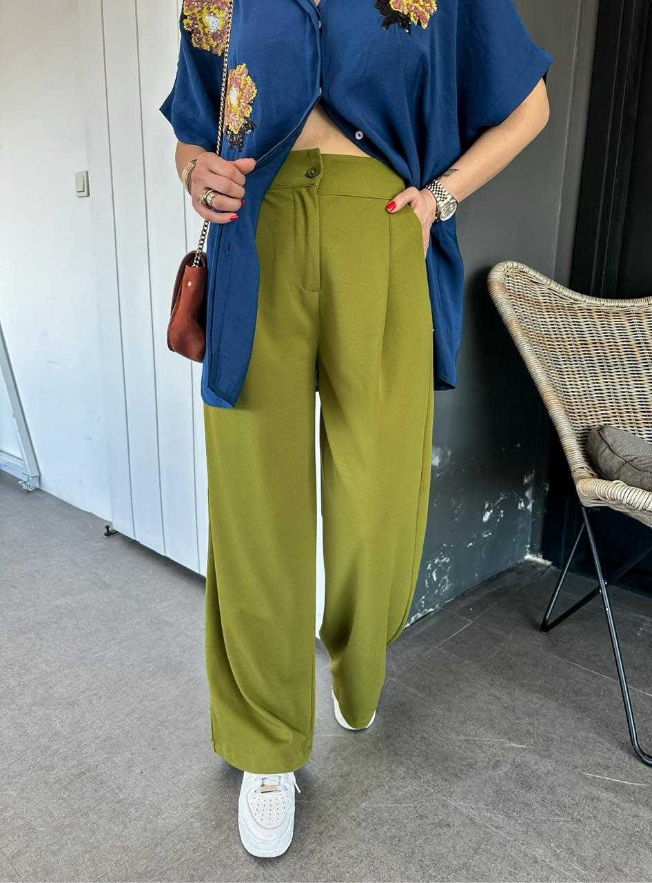 Yağ Yeşili Bol Kesim Basic Pantolon