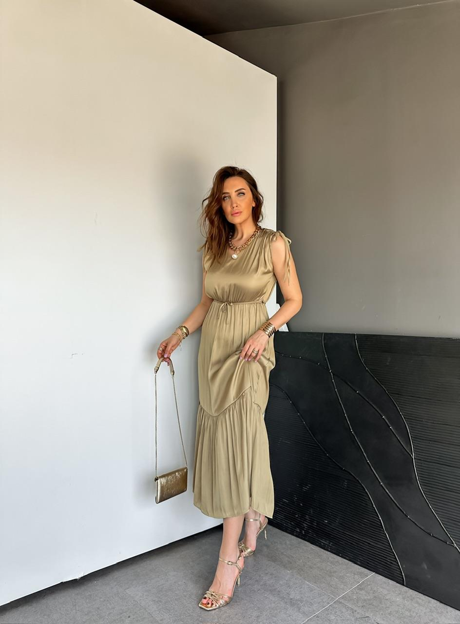 Yağ Yeşili Büzgü Detaylı Saten Elbise
