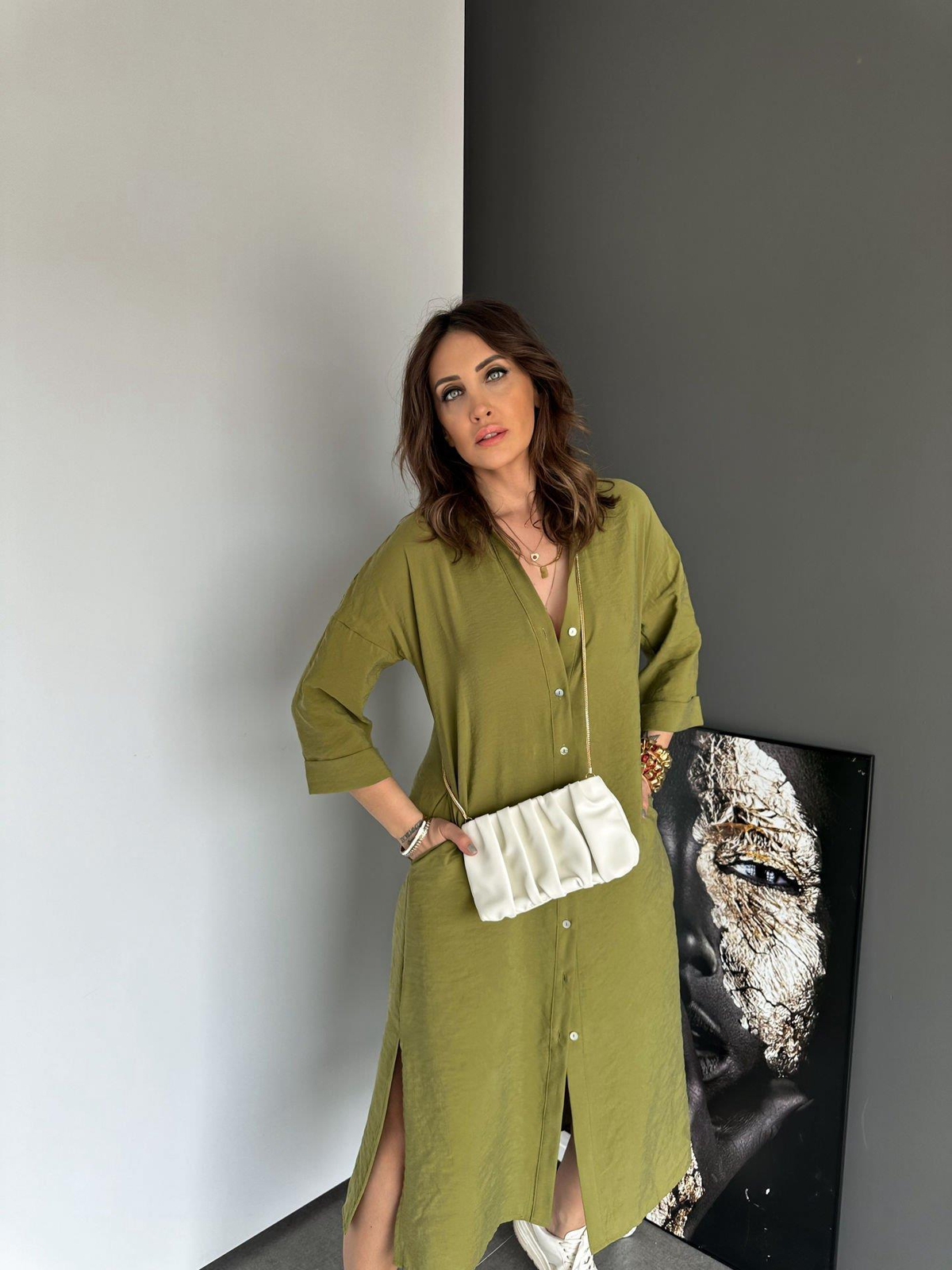 Yağ Yeşili Cepli Düğmeli Gömlek Elbise