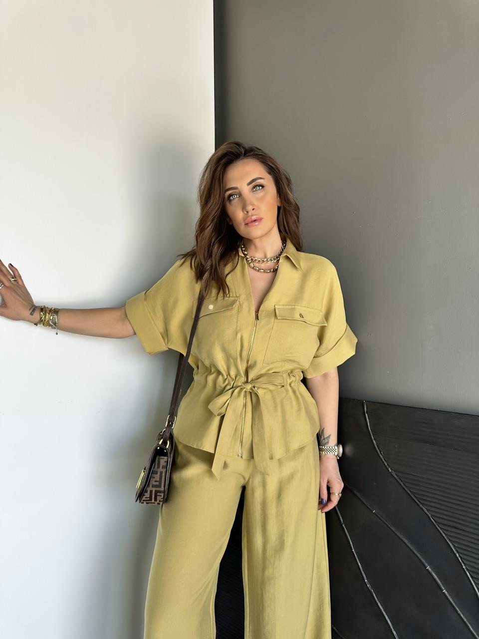 Yağ Yeşili Fermuarlı Kuşaklı Premium Takım