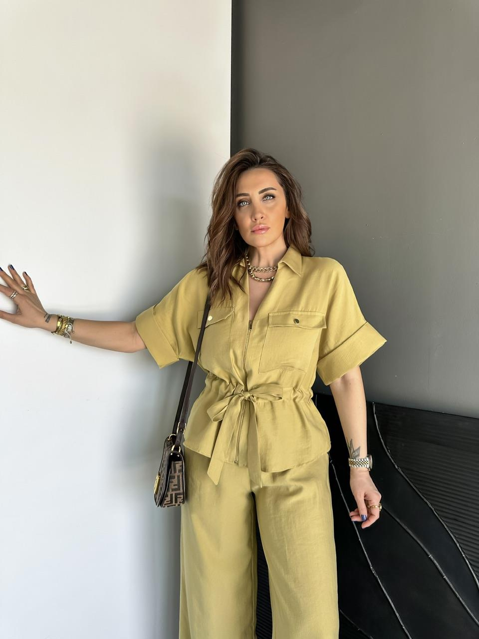 Yağ Yeşili Fermuarlı Kuşaklı Premium Takım