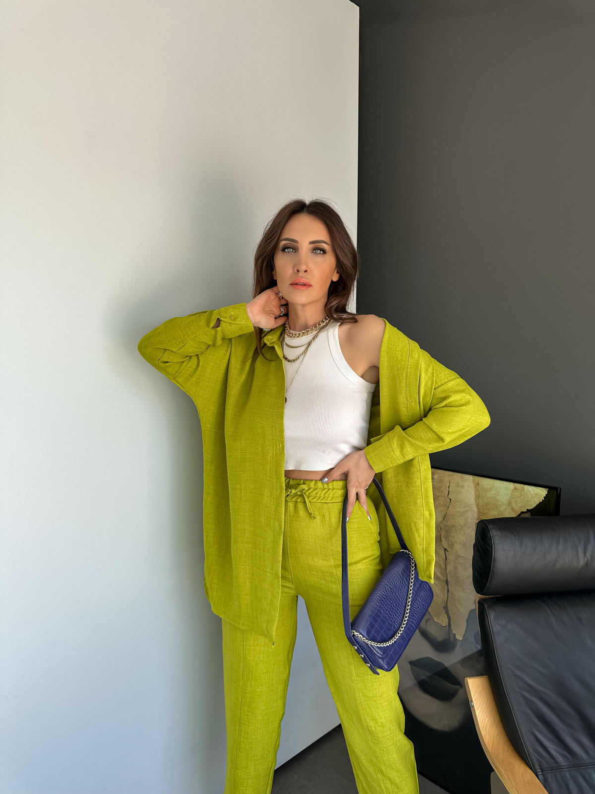 Yağ Yeşili Keten Gömlekli Basic Takım