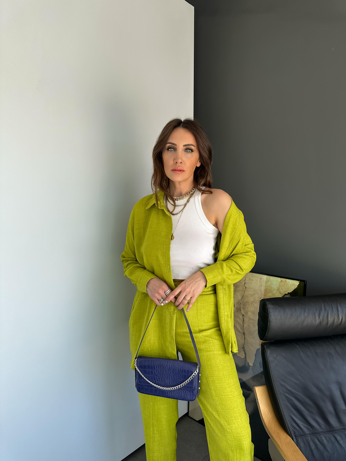 Yağ Yeşili Keten Gömlekli Basic Takım