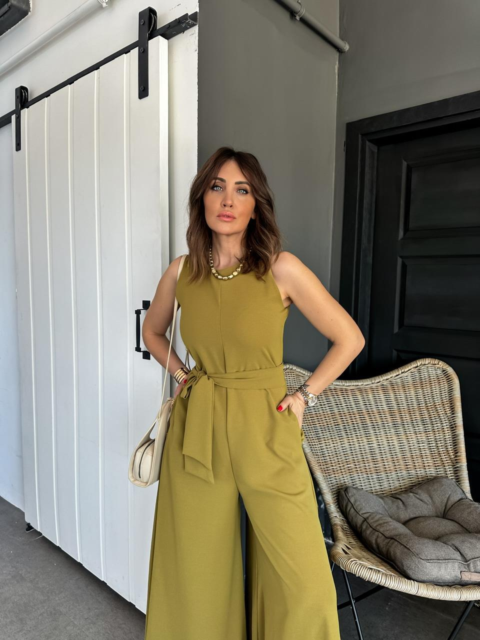 Yağ Yeşili Kuşaklı Bol Paça Tulum