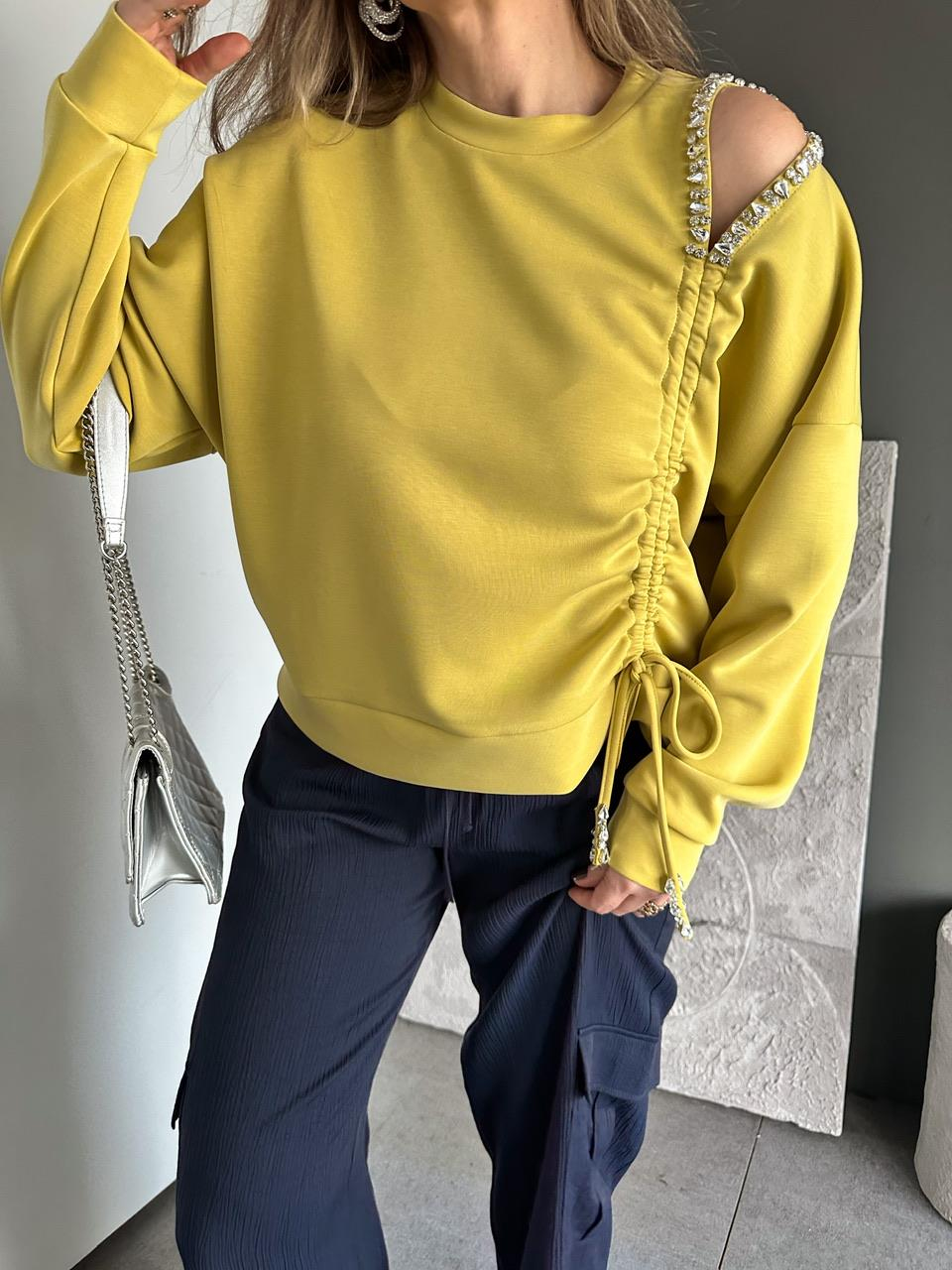 Yağ Yeşili Omuz Dekolteli Taşlı Sweatshirt