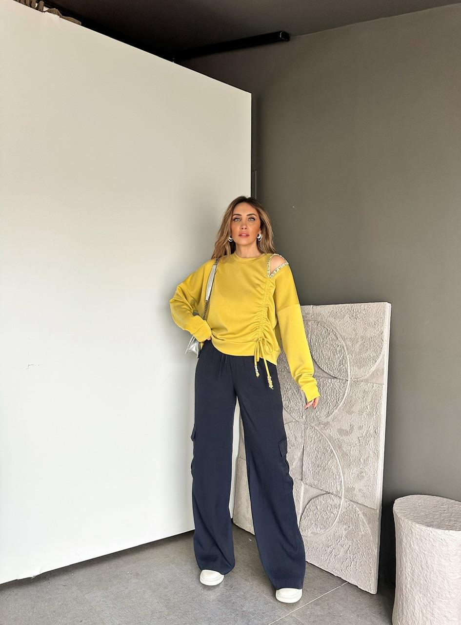 Yağ Yeşili Omuz Dekolteli Taşlı Sweatshirt