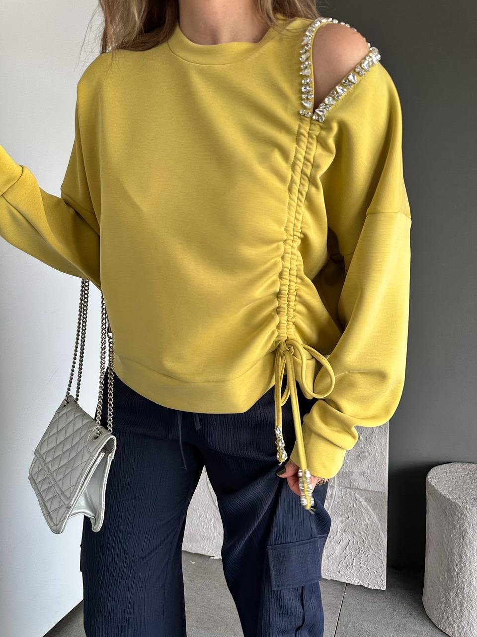 Yağ Yeşili Omuz Dekolteli Taşlı Sweatshirt