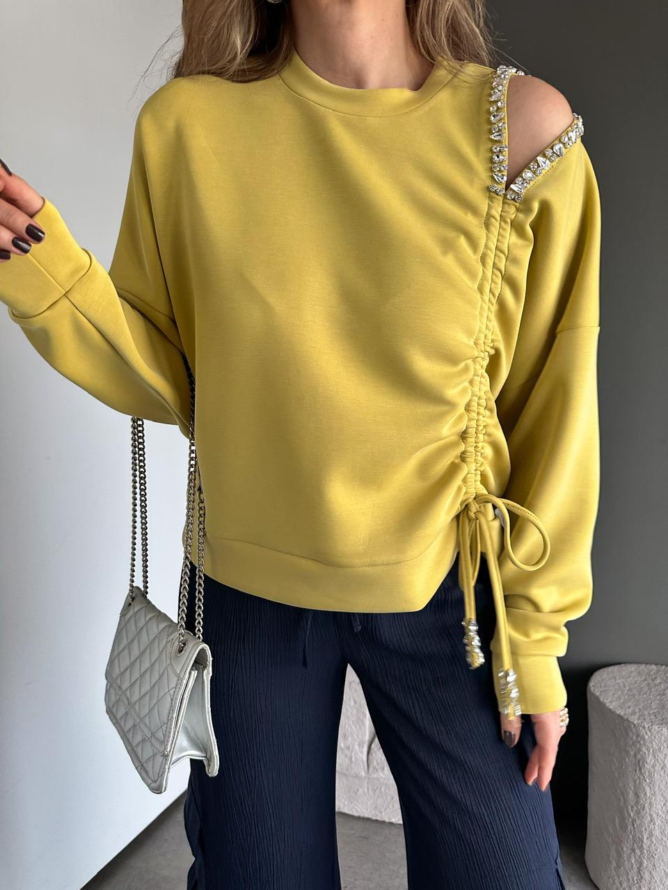 Yağ Yeşili Omuz Dekolteli Taşlı Sweatshirt