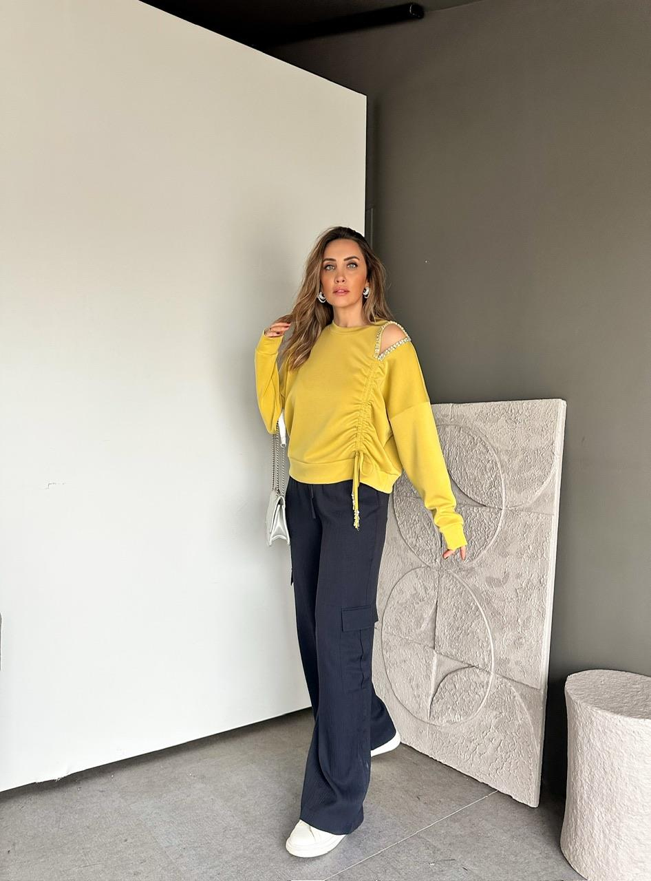 Yağ Yeşili Omuz Dekolteli Taşlı Sweatshirt