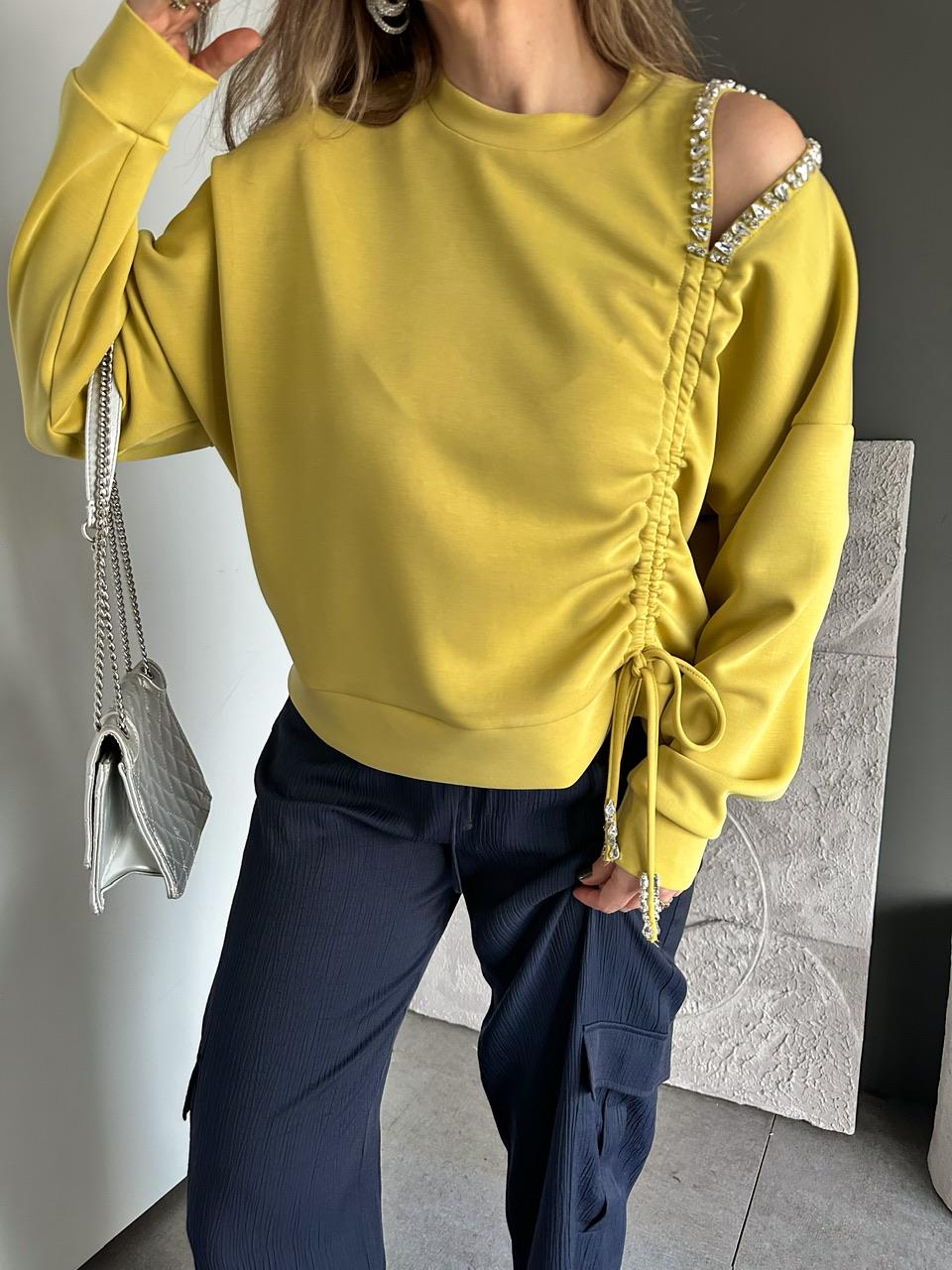 Yağ Yeşili Omuz Dekolteli Taşlı Sweatshirt