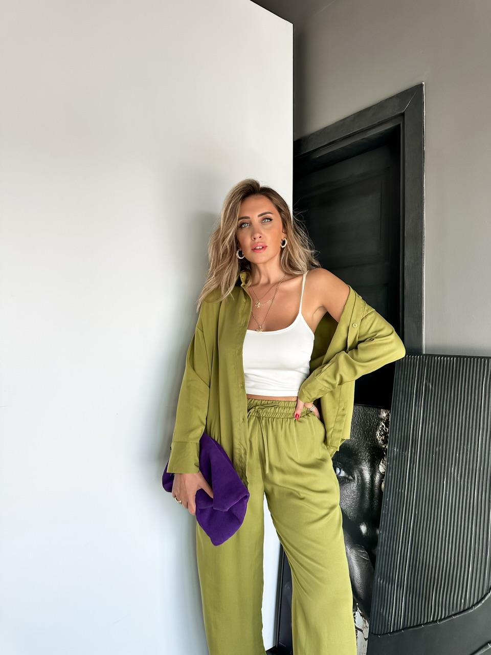 Yağ Yeşili Relax Gömlek Pantolon Takım