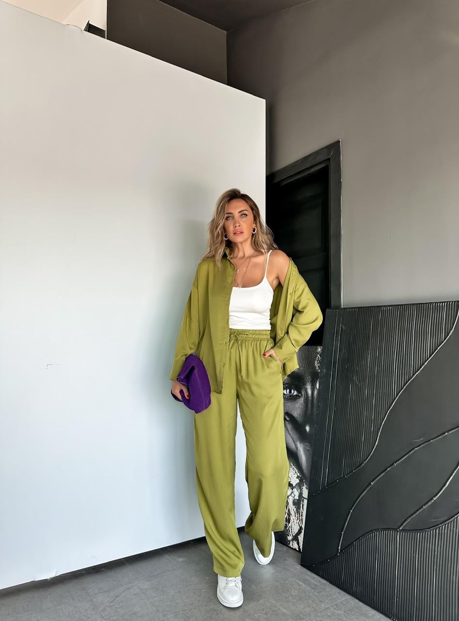 Yağ Yeşili Relax Gömlek Pantolon Takım