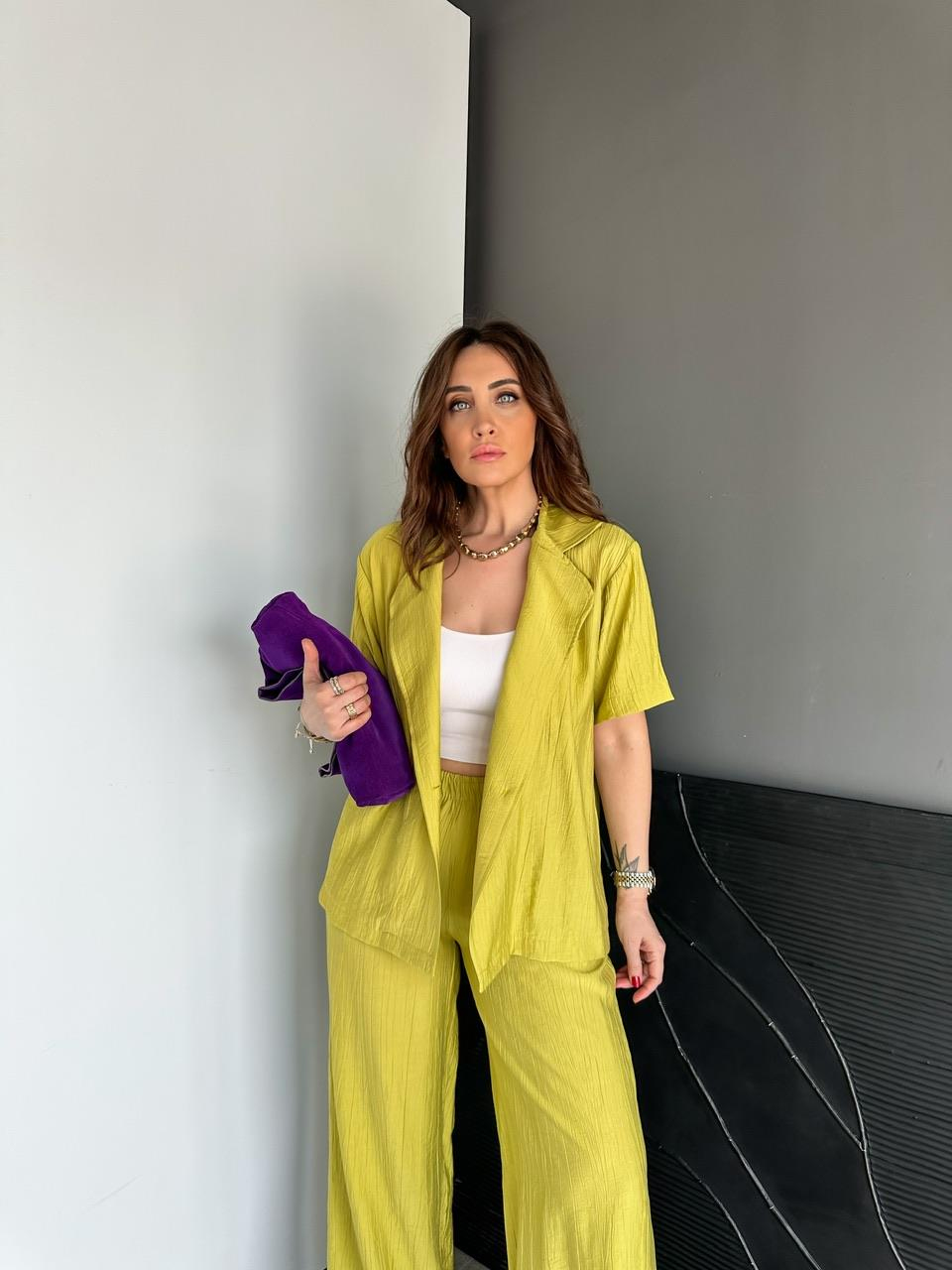 Yağ Yeşili Tek Düğmeli Modal Ceketli Takım