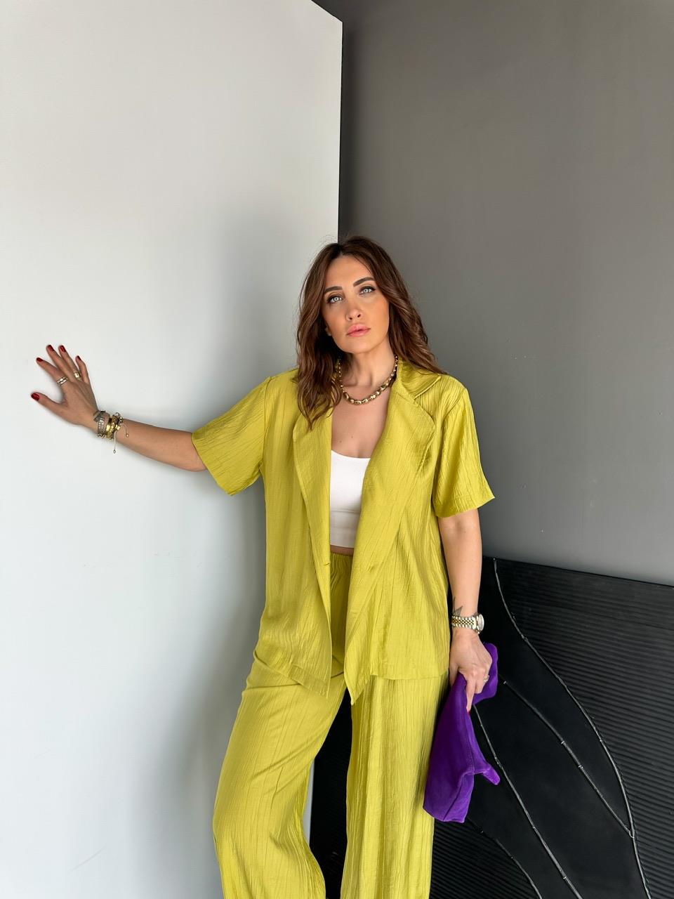 Yağ Yeşili Tek Düğmeli Modal Ceketli Takım