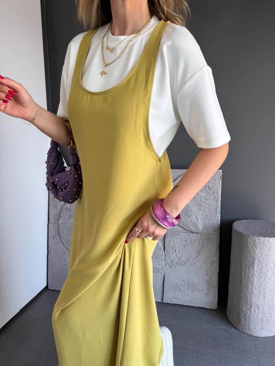 Yağ Yeşili Tshirtlü Askılı Basic Elbise