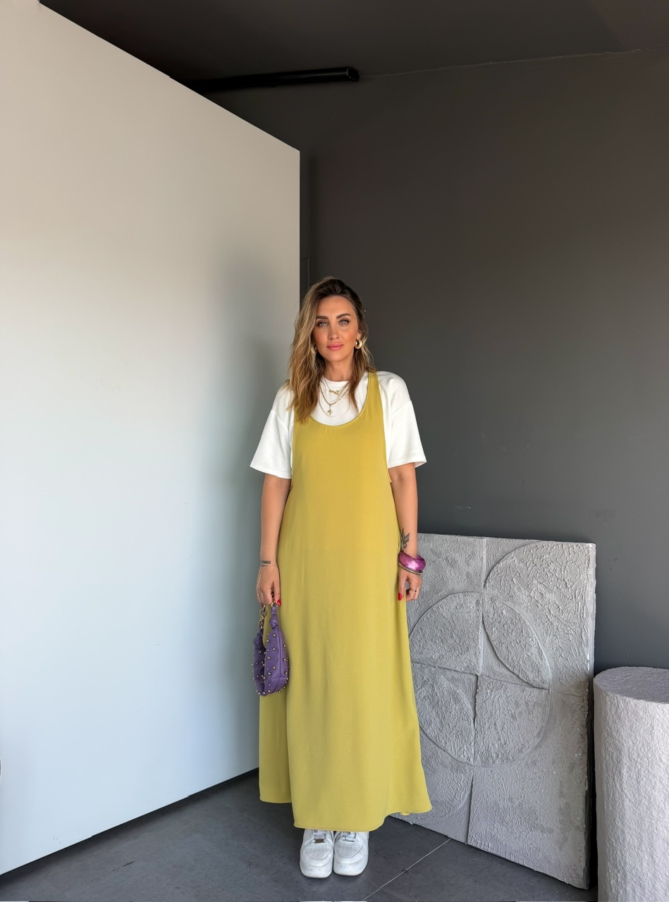 Yağ Yeşili Tshirtlü Askılı Basic Elbise
