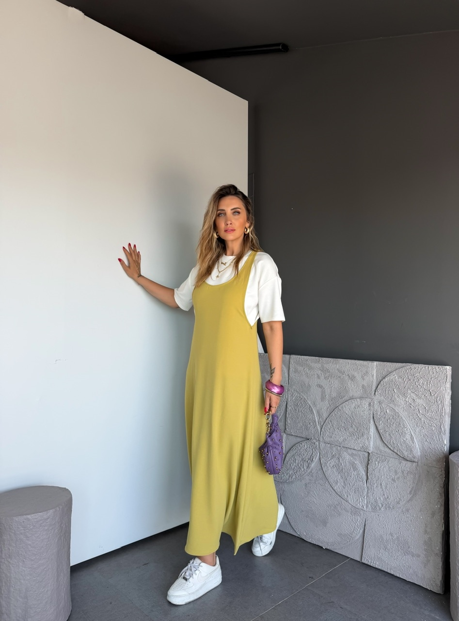 Yağ Yeşili Tshirtlü Askılı Basic Elbise