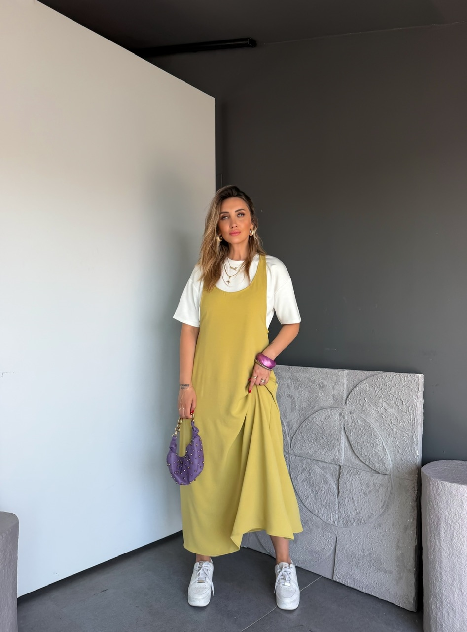 Yağ Yeşili Tshirtlü Askılı Basic Elbise