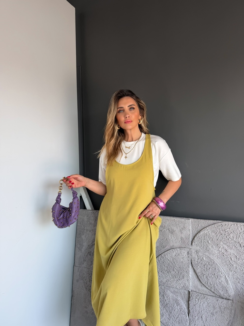 Yağ Yeşili Tshirtlü Askılı Basic Elbise